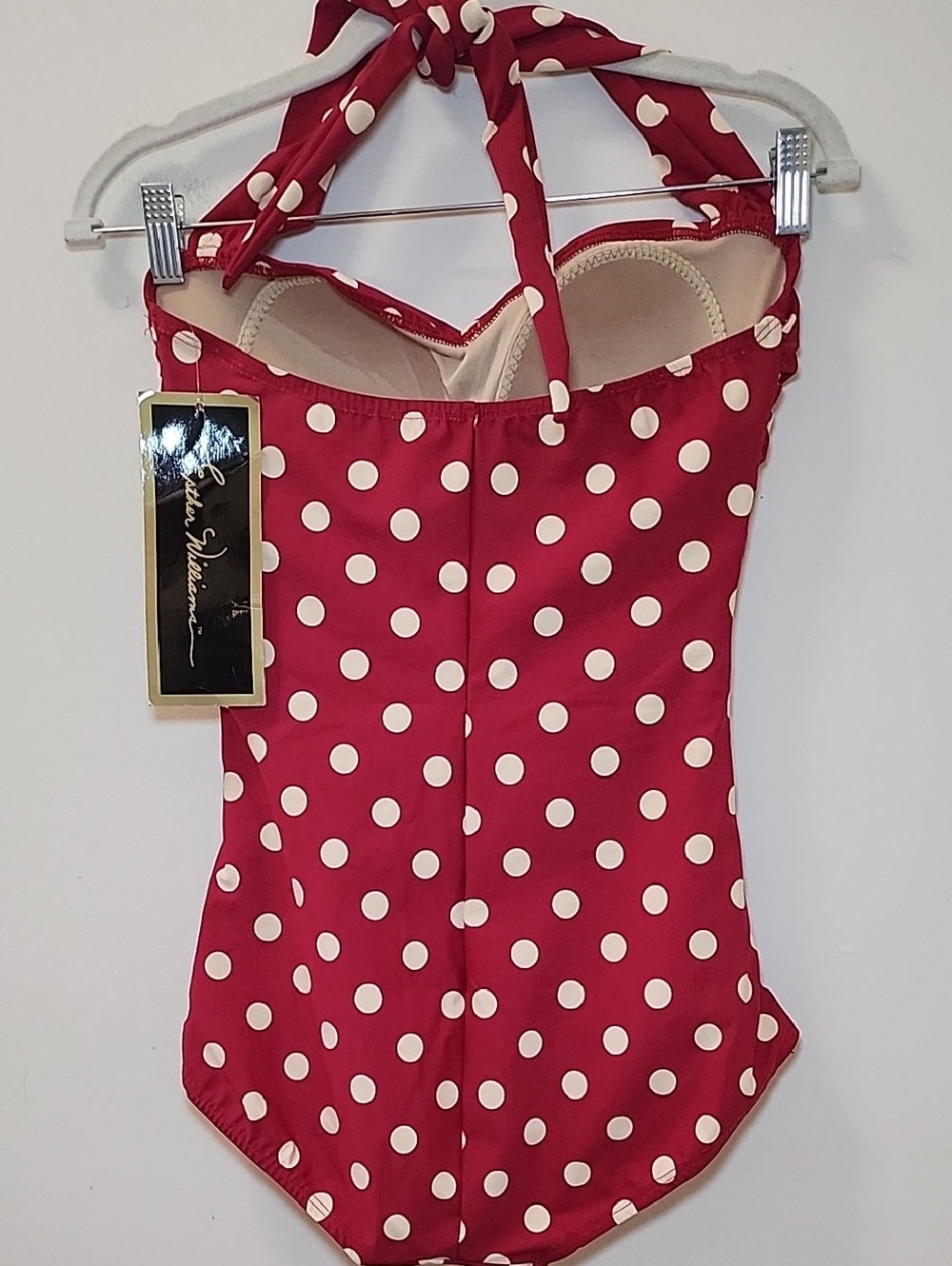 Esther Williams red white polkadot halter one-piece swimsuit ruched fabric Sz 12 - Picture 10 of 16